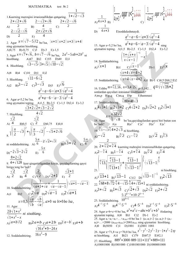Matematika testi №2: kasrlar, ildizlar va irratsional sonlar