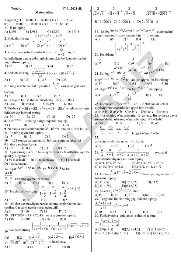 Matematika test savollari to'plami