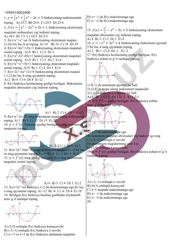 Matematik funksiyalar ekstremum nuqtalari va maksimumlari masalalari