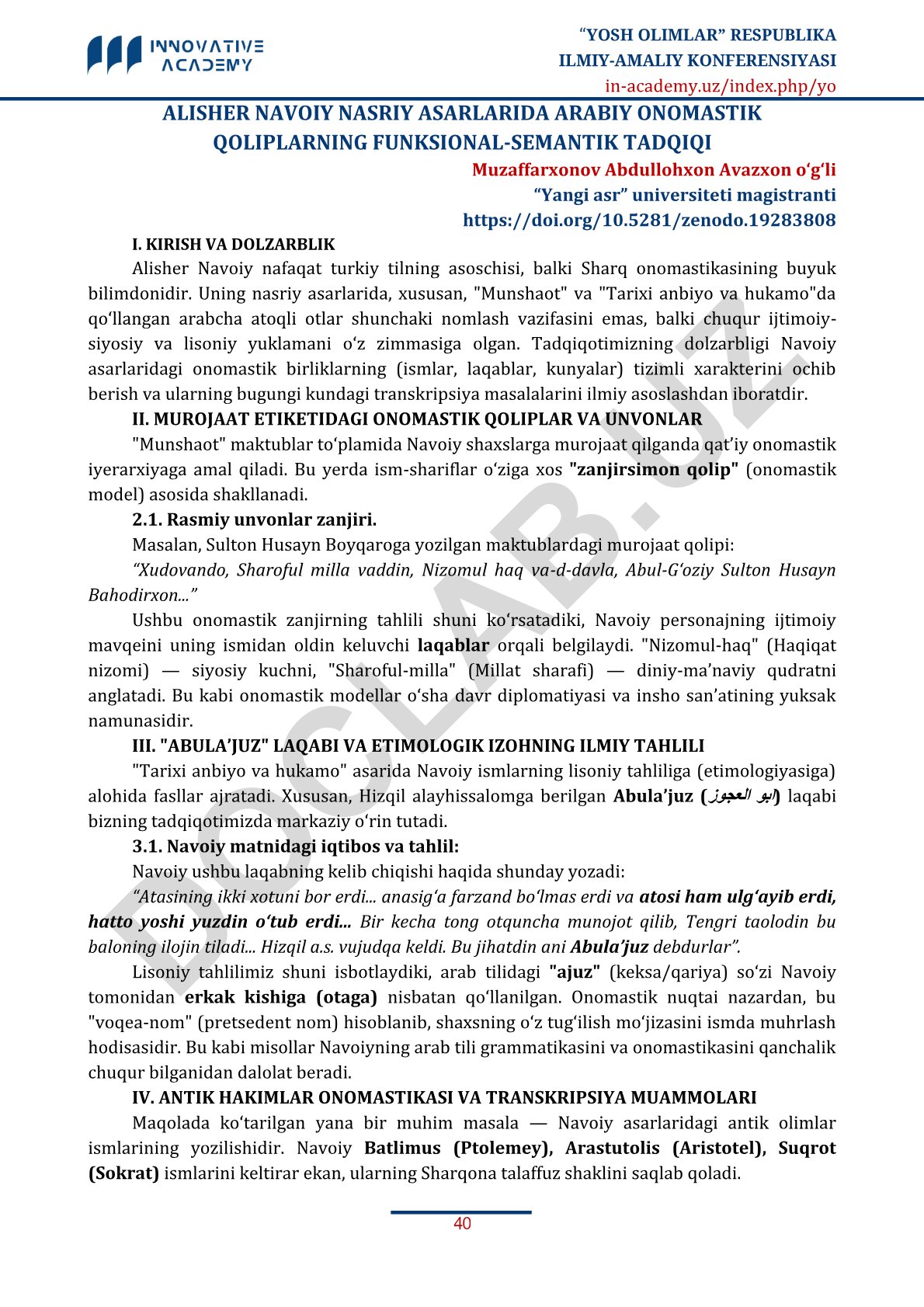 Alisher Navoiy nasriy asarlarida arabiy onomastik qoliplarning funksional-semantik tadqiqi