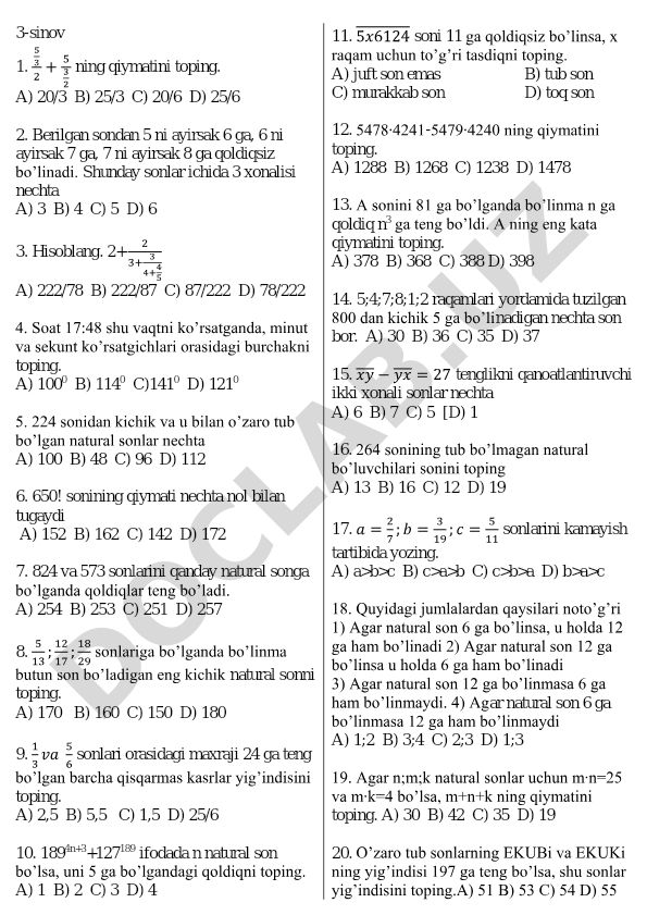 Matematika test savollari to'plami