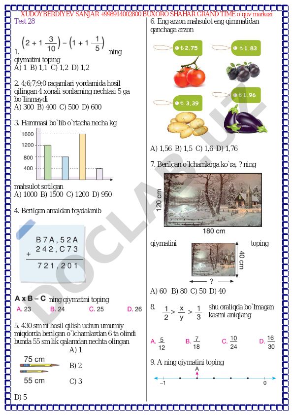 Matematika test savollari va masalalari