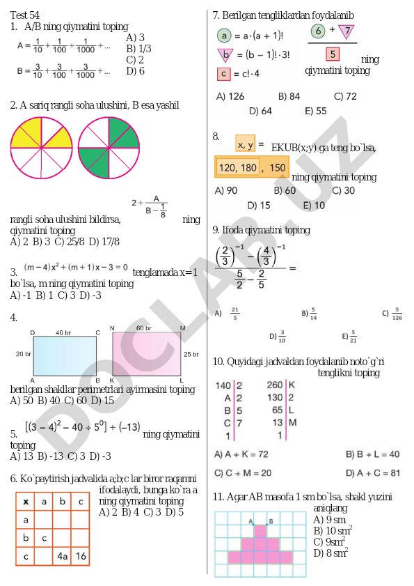 Matematika test savollari va masalalari
