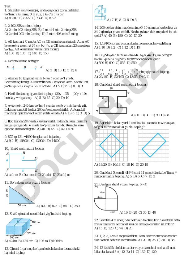 Matematika test savollari va masalalari