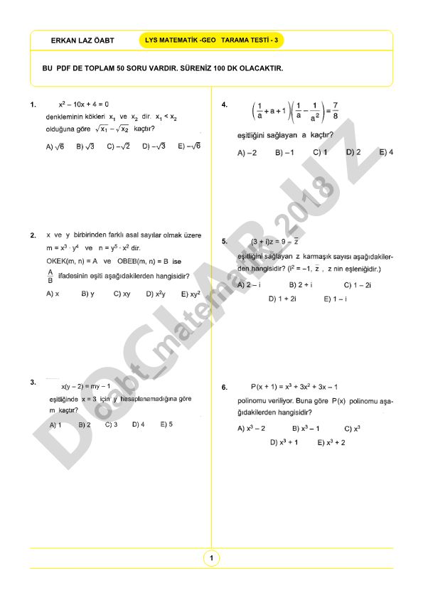 LYS Matematik ve Geometri Tarama Testi - 3