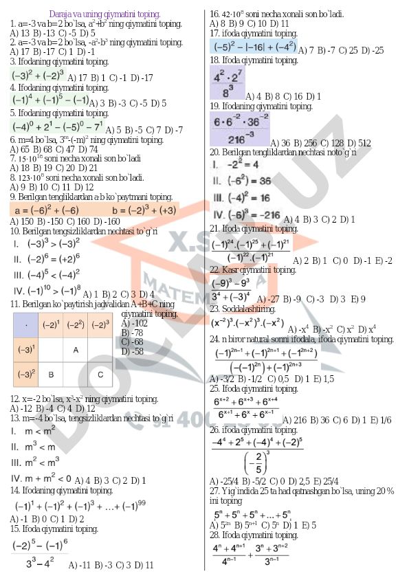 Algebraik ifodalar va sonlar darajasi masalalari