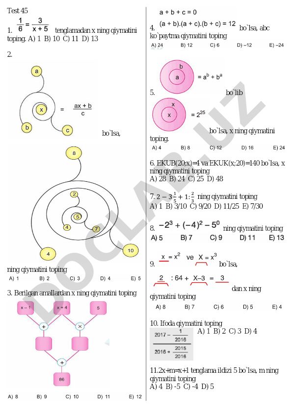 Matematika test savollari va masalalari