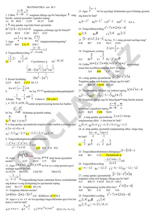 Matematika test savollari va masalalari