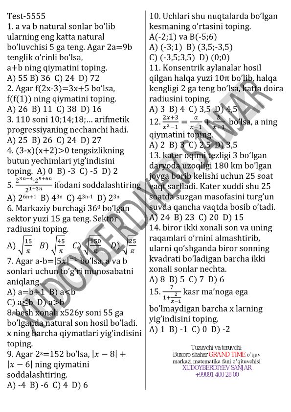 Matematika test masalalari to'plami