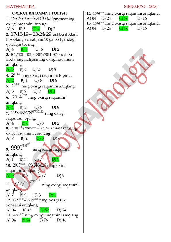 Matematika masalalari: sonlarning oxirgi raqamlarini topish