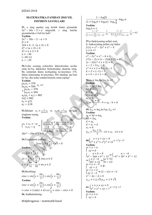 Matematika fanidan 2018 yil imtihon savollari va yechimlari