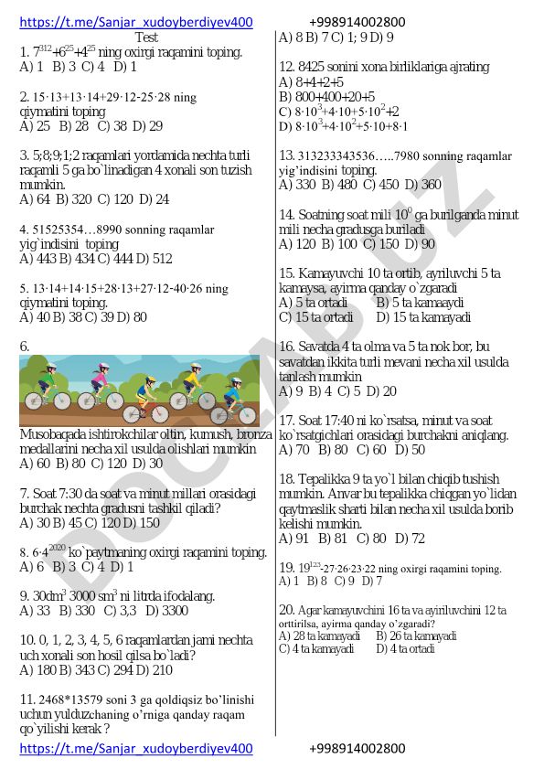 Matematika test savollari va masalalari
