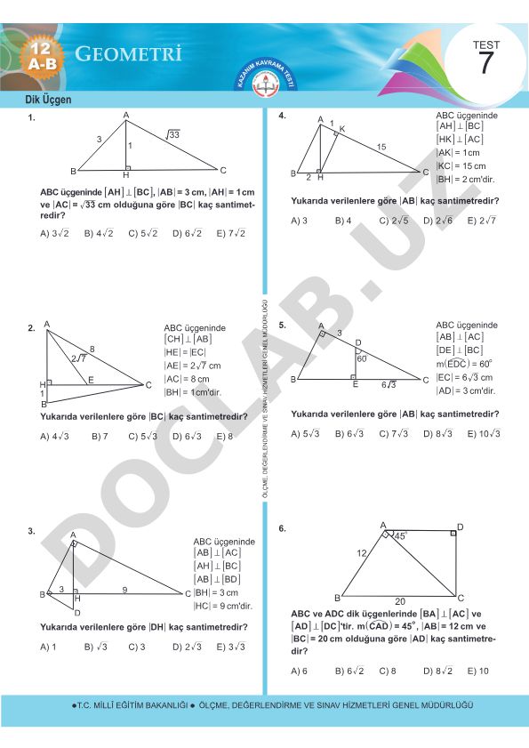 Dik Üçgen Geometri Test Soruları