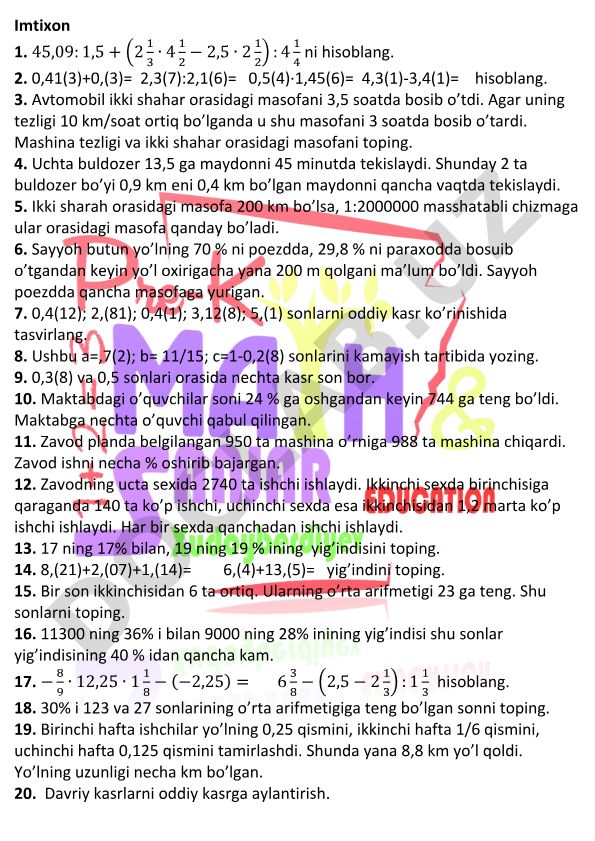 Matematika masalalari to'plami: kasrlar, foizlar va masofa hisoblash