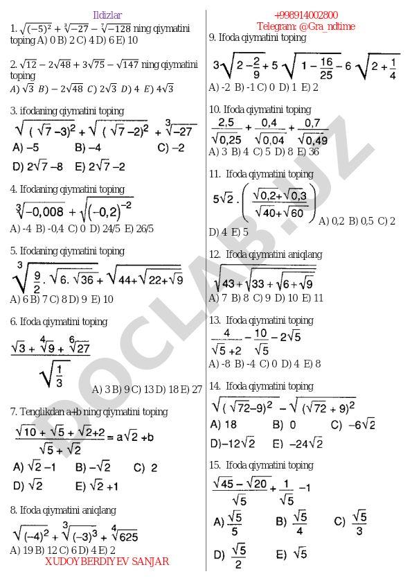 Ildizlar va ifodalar qiymatini topish bo'yicha matematik masalalar