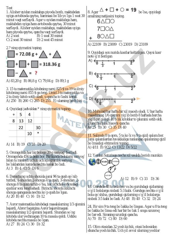 Matematika va mantiqiy masalalar to'plami