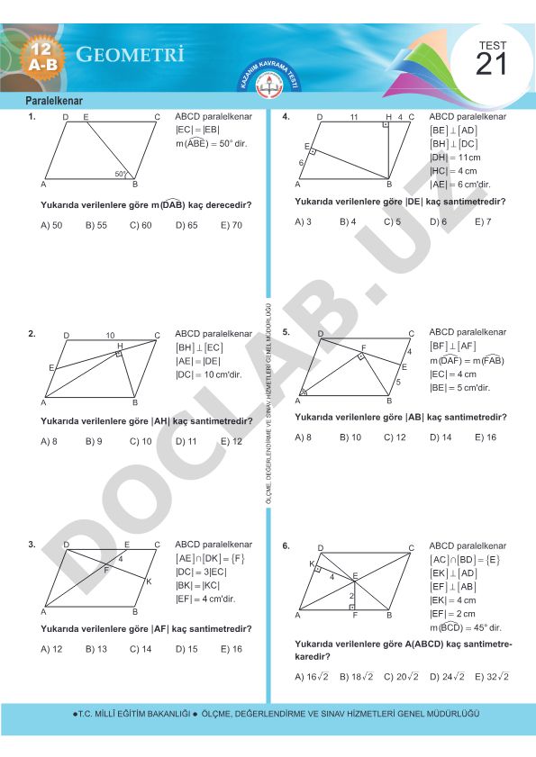 Paralelkenar Geometri Test Soruları