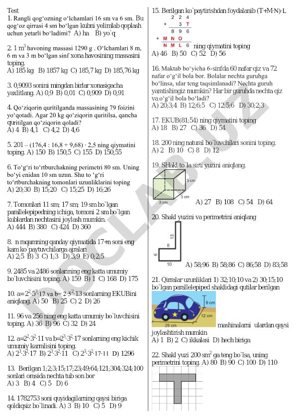 Matematika test savollari va masalalari