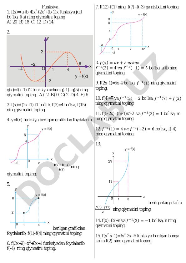 Funksiyalar bo'yicha matematik masalalar to'plami