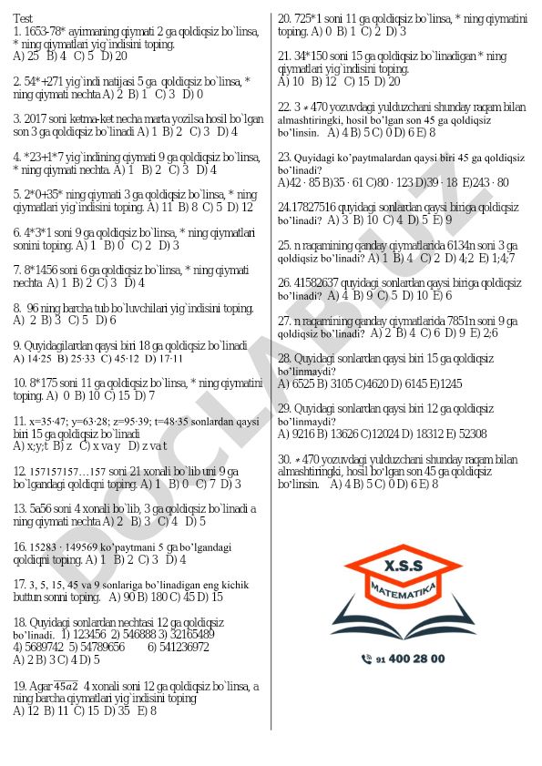Bo'linish alomatlari va sonlar nazariyasi bo'yicha matematika testi