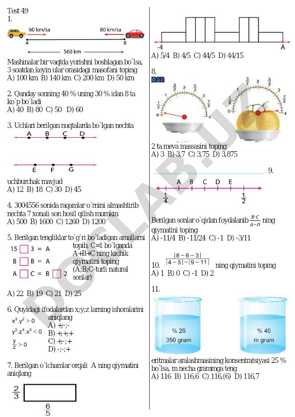Matematika test savollari va masalalari