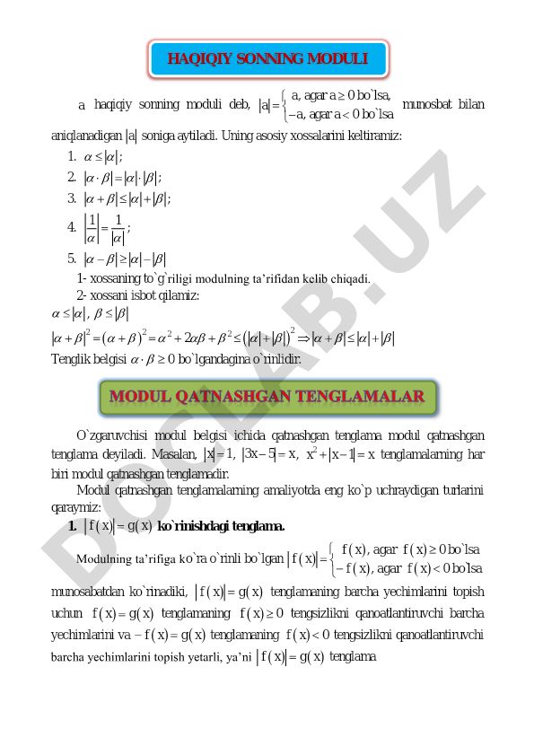 Haqiqiy sonning moduli va uning xossalari