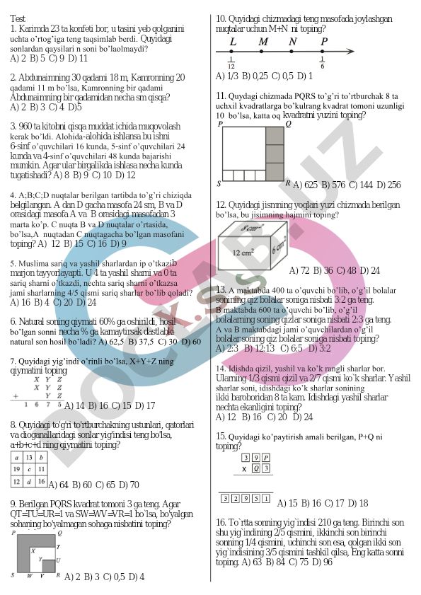 Matematikadan test masalalari to'plami