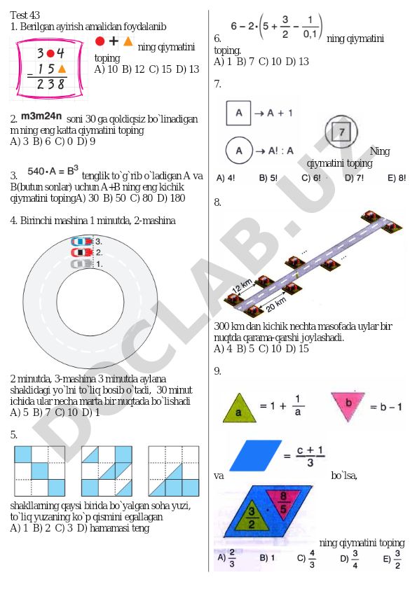 Matematika test savollari va masalalari