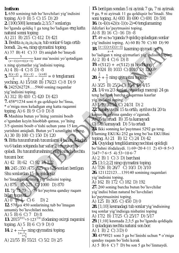 Matematika masalalari to'plami