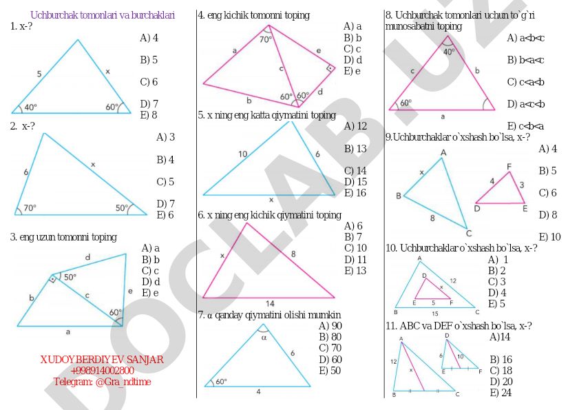 Uchburchaklar tomonlari va burchaklari bo'yicha test savollari