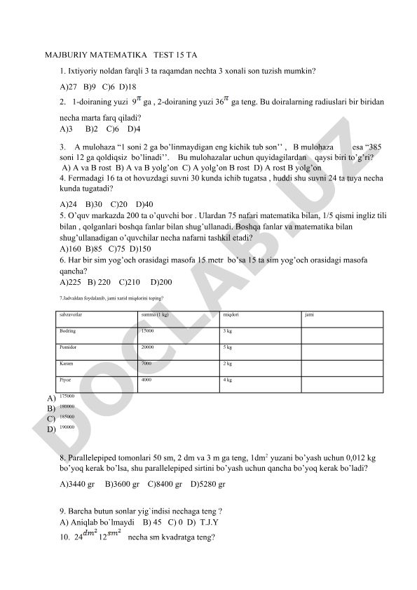 Majburiy matematika test savollari va masalalari