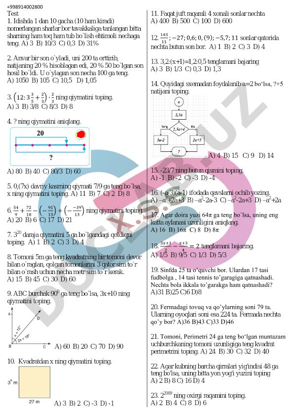 Matematika test savollari va masalalari