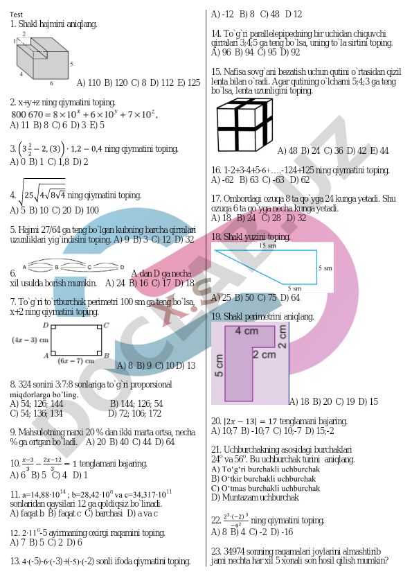 Matematika test savollari va masalalari