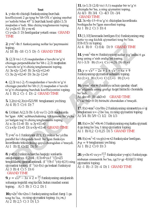 Chiziqli funksiyalar va geometriya masalalari