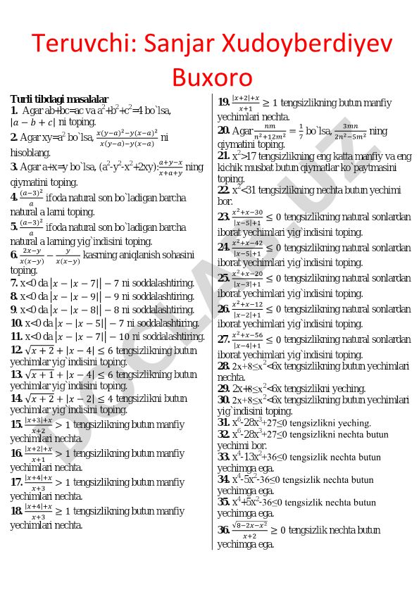 Algebraik tenglamalar va tengsizliklar masalalari to'plami