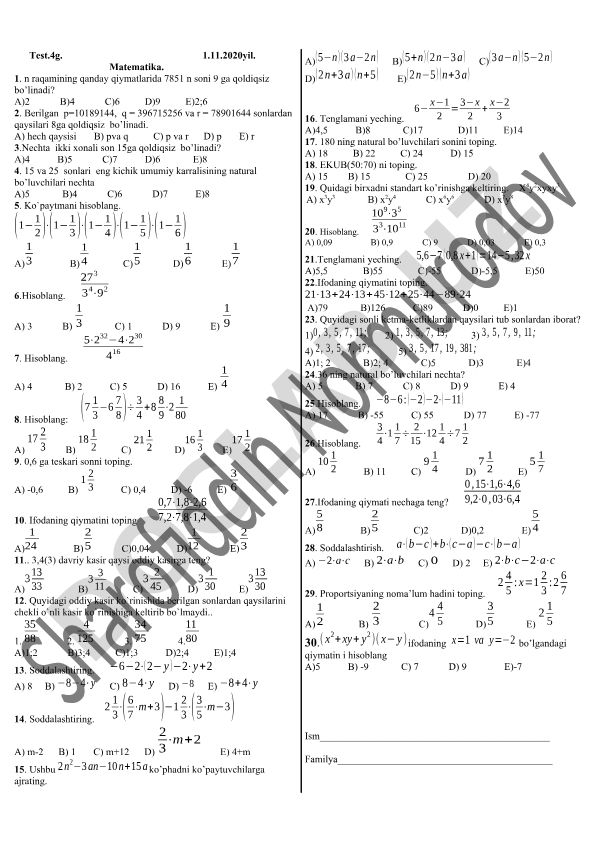 Matematika test savollari: bo'linish, kasrlar va algebra