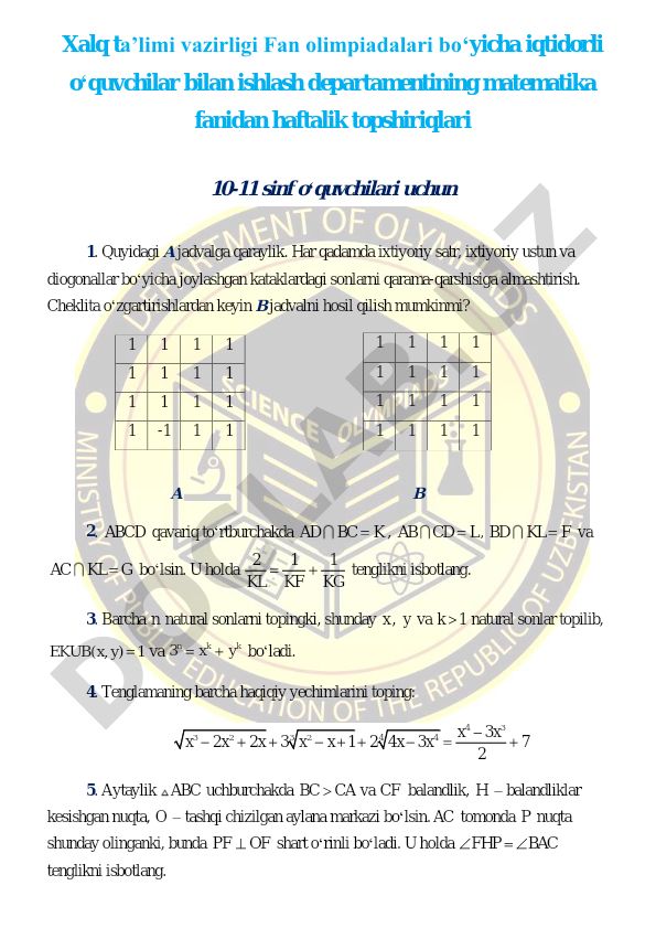 Matematika fanidan haftalik topshiriqlar 10-11 sinflar uchun