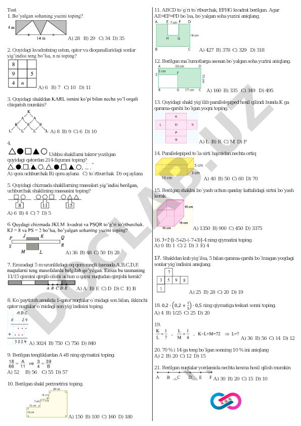 Matematika test savollari va masalalari