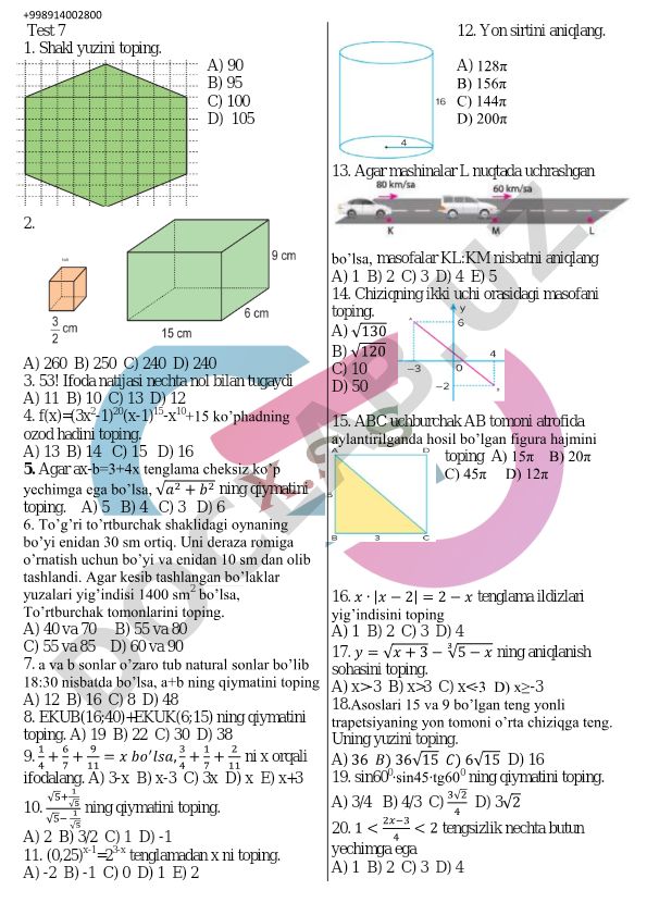 Matematika test savollari va masalalari