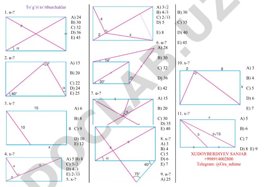 To'g'ri to'rtburchaklar va uchburchaklar geometrik masalalari
