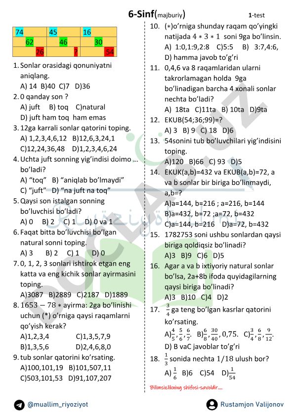 6-sinf matematika test savollari