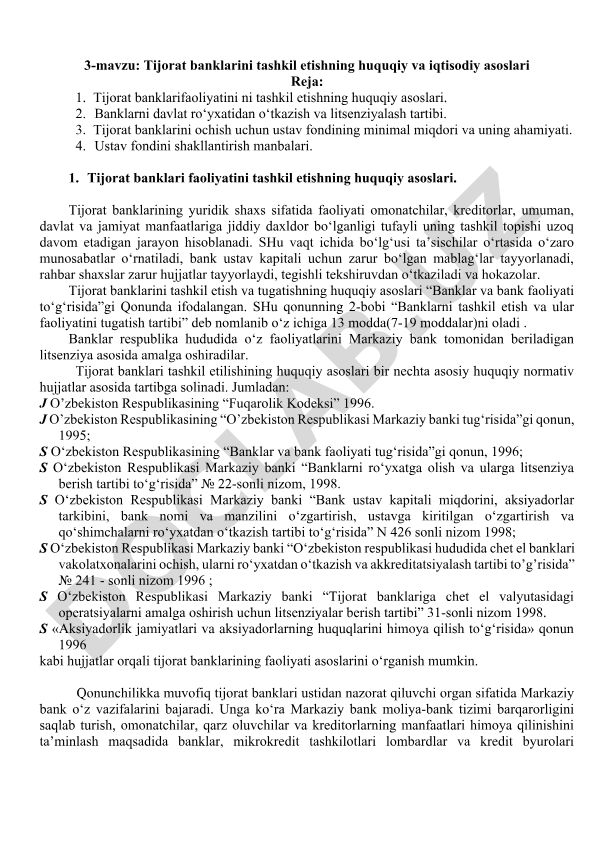 Tijorat banklarini tashkil etishning huquqiy va iqtisodiy asoslari