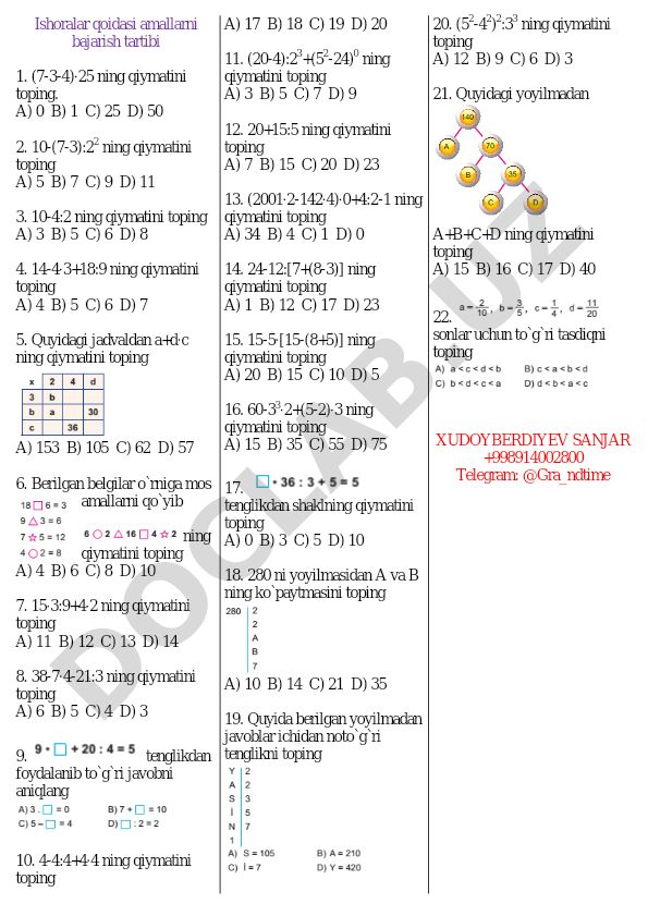 Ishoralar qoidasi amallarini bajarish tartibi bo'yicha matematik masalalar