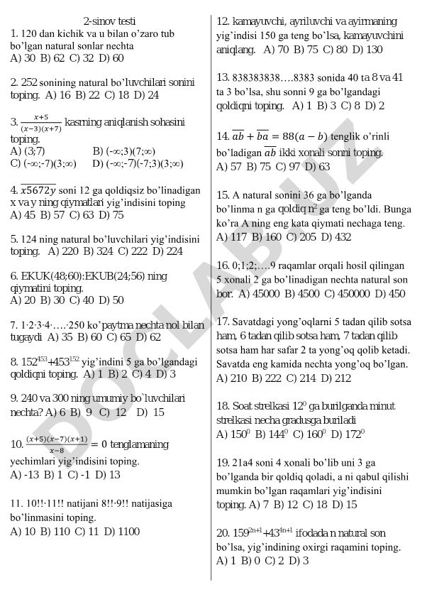Matematika test savollari va masalalari