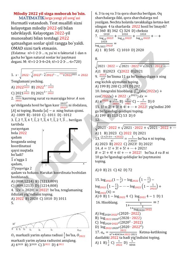Matematik test masalalari 2022-yil uchun