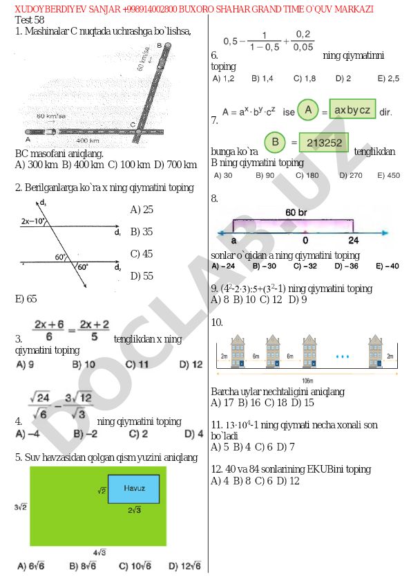 Matematika test savollari va masalalari