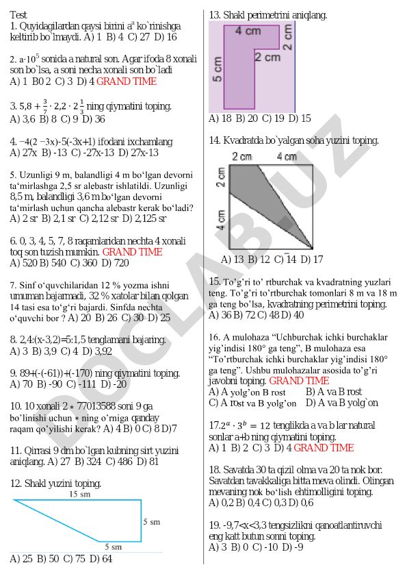 Matematika test savollari va masalalari