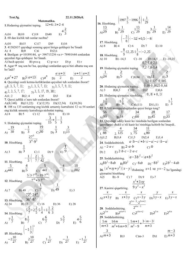 Matematika test savollari va masalalari