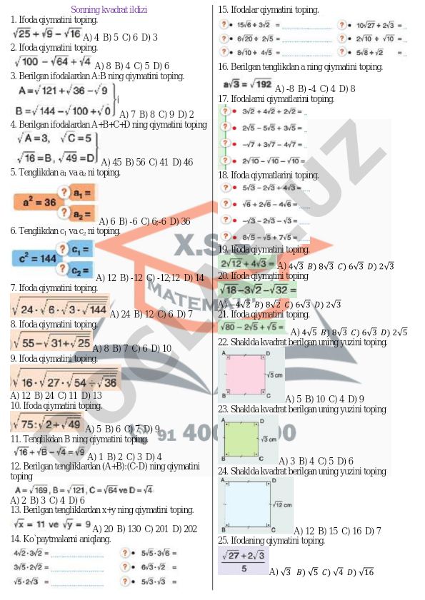 Matematikadan test savollari va masalalar