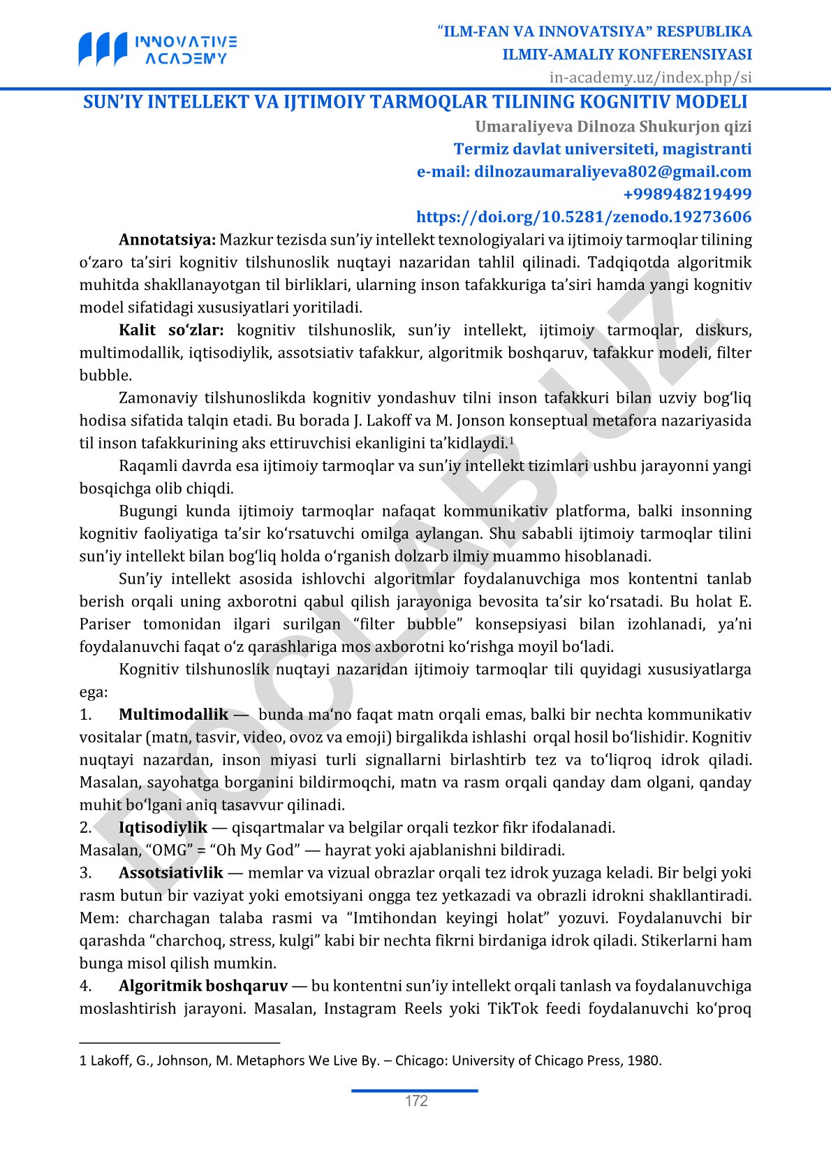 Sun'iy intellekt va ijtimoiy tarmoqlar tilining kognitiv modeli